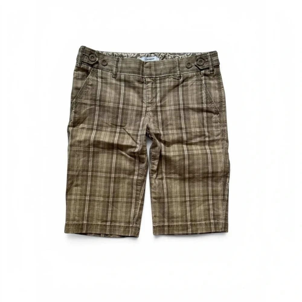 Express Womens Brown Plaid Y2K Bermuda Shorts Low Rise Knee Length Size 2